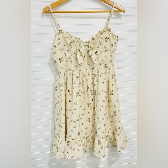 Lulus Romantic Muse Cream Floral Print Tie-Front Ruffled Mini Dress - Small - Picture 6 of 10